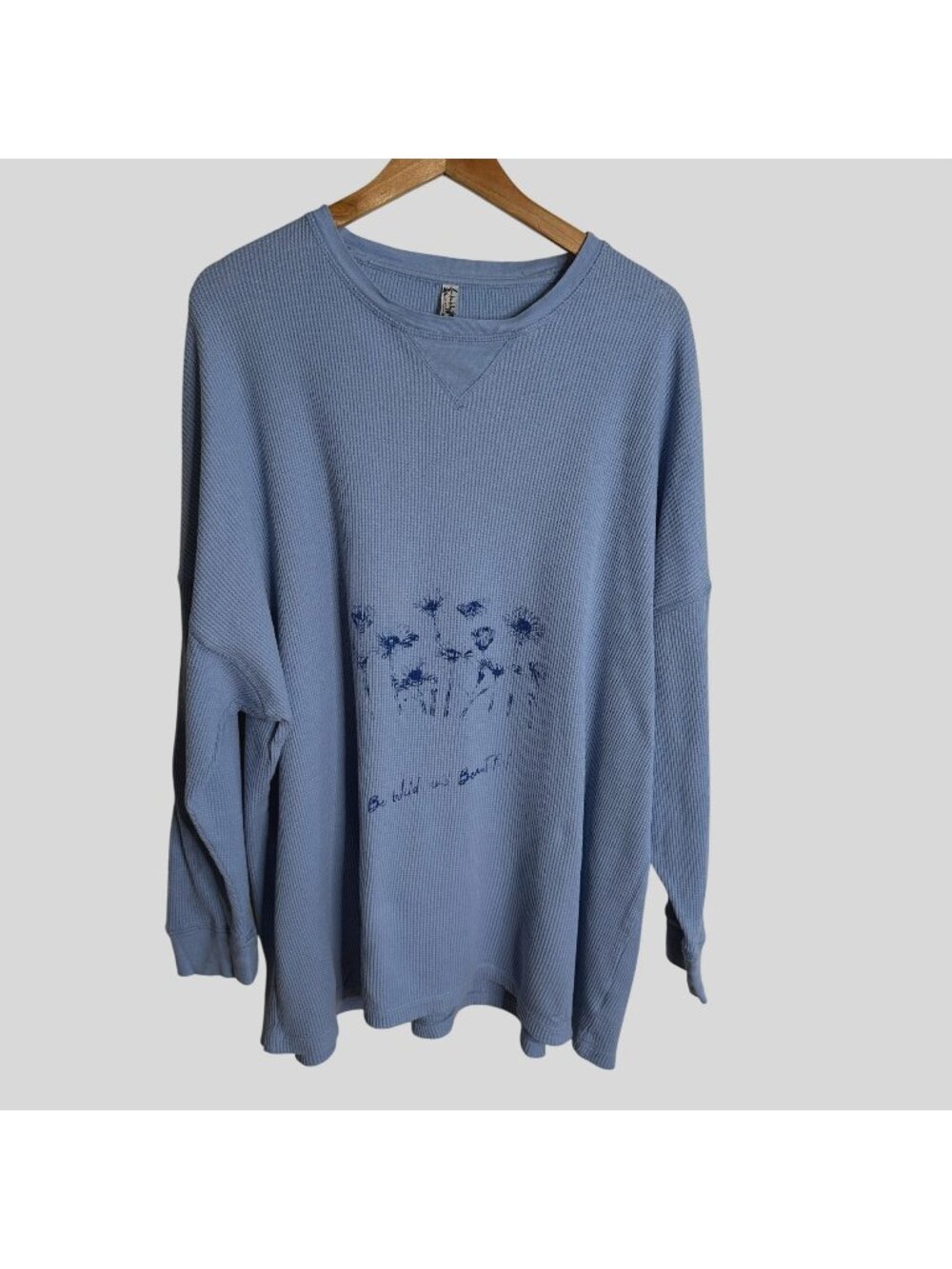 Free People Patchwork Thermal Wildflower Blue Skies Waffle Knit XS Oversized